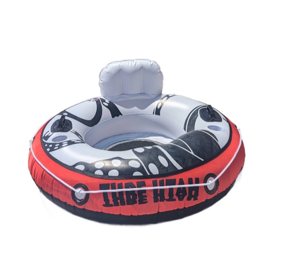 Red and black covered river tube rental with backrest and cup holders